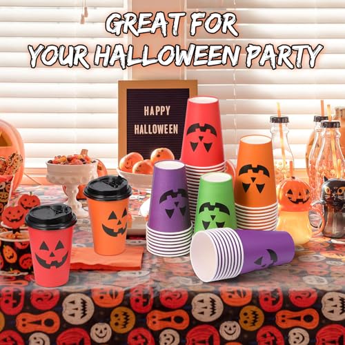 Halloween Paper Cups with Lids 12oz Pumpkin Face Print - 100 Pack