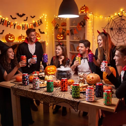Halloween Can Cooler Sleeves 24 Pack - Horror Style Neoprene Drink Covers - 12oz