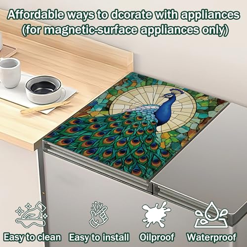 Green Peacock Dishwasher Magnet Cover - Decorative Refrigerator Front Panel - 23x26 Inch