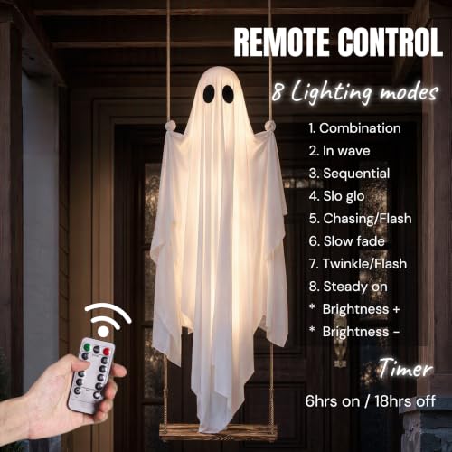 Large Outdoor Hanging Ghost Decoration with Lights - 5FT Spooky Halloween Yard Decor