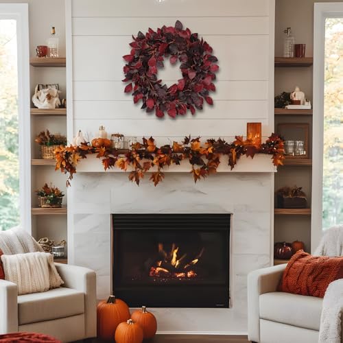 Artificial Fall Leaf Wreath for Front Door – Burgundy Red, 20-Inch Autumn Decor