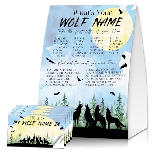 Wolf Name Game 30 Guest Sign & Sticker Set - Woodland Party Variation