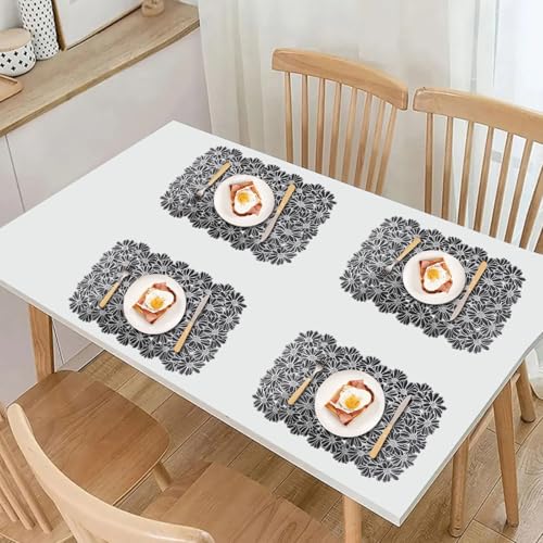 Flower Placemats Set 6 - Black PVC Embossed Table Mats with Silver Flower Variation