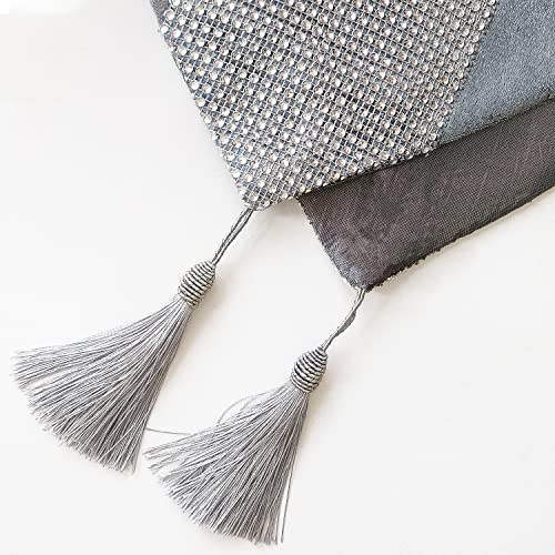 Grey Rhinestone Table Runner with Tassels - 13x84 Inch Wedding & Party Decor