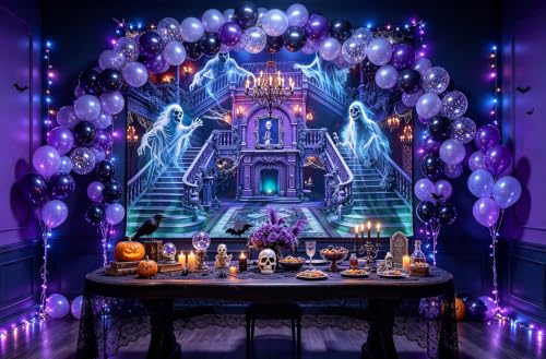 Halloween Haunted Mansion Backdrop Banner 10x8FT Ghost Staircase Spooky Castle Photography Background Gothic Horror House Decorations for Kids Adults Photo Booth Props