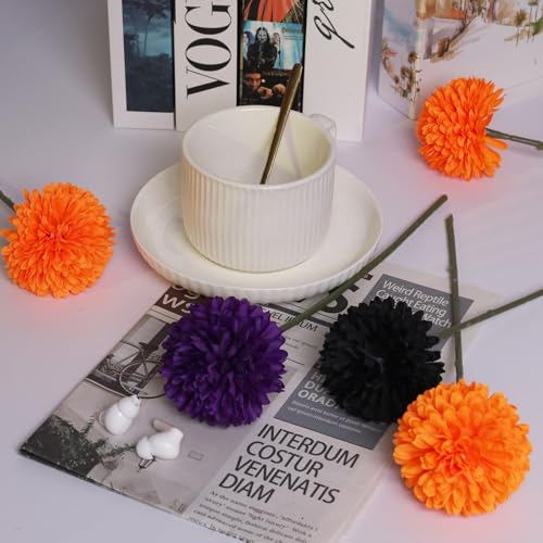 Halloween Artificial Flower Bouquet 36 Pcs Velvet Silk Chrysanthemums in Black Orange Purple with Stems — Halloween Party & Home Decor