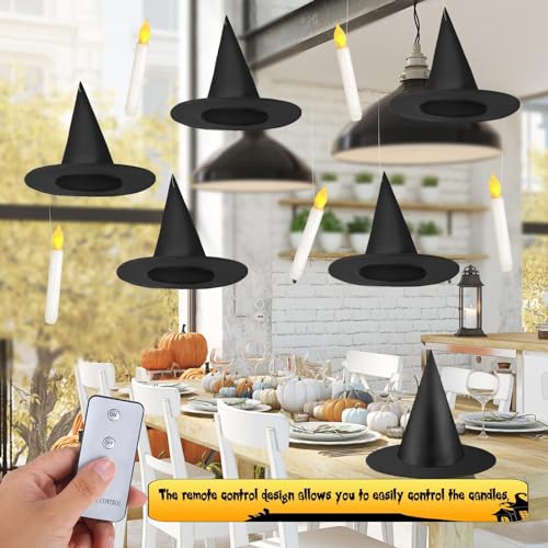 Halloween Hanging Witch Hats & Floating Taper Candles Set - Spooky Decor