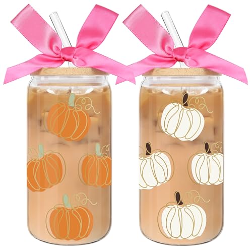 2 Pack 16oz Pumpkin Glass Tumbler Cups with Lids & Straws - Halloween Gift Set