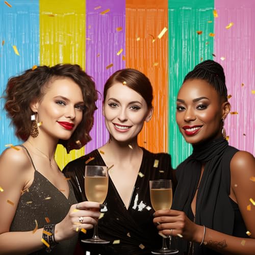 Pastel Rainbow Foil Fringe Backdrop 2 Pack - Shiny Tinsel Curtains for Party & Photo Booth