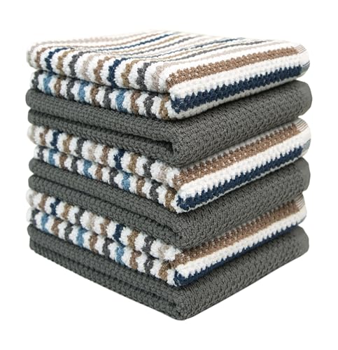 Grey Wide Stripe Kitchen Towels Set - 6 Pack 100% Cotton, Absorbent & Reusable
