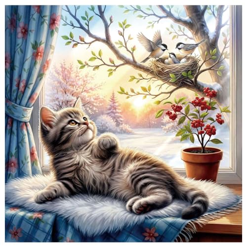 Cat Diamond Painting Kit 12x12 Inch - DIY Rhinestone Art Craft for Adults
