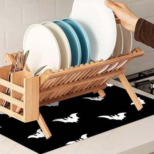 Halloween Black White Bats Dish Drying Mat 18x24 Inch Microfiber Kitchen Counter Decor