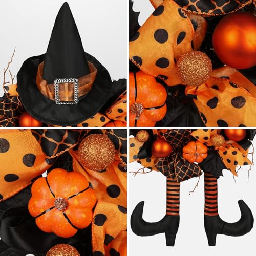 Halloween Wreath for Front Door - 16 Inch Tinsel Black Witch with Hat, Legs & Pumpkin - Orange & Black Variation