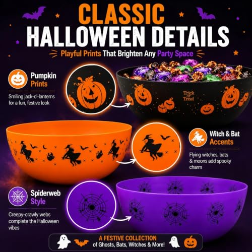 Halloween Candy Bowls Set with Cobweb Design, 15oz Outdoor Decor, Party Snacks | 3 pcs