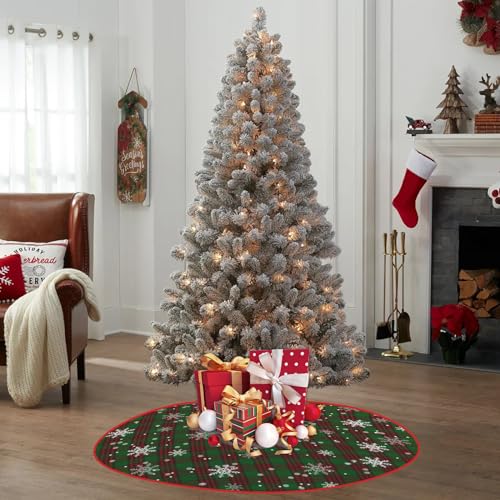 Christmas Tree Skirt 48 Inch Red Green Buffalo Plaid Snowflake Xmas Decor Xmas 04