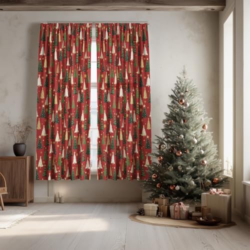 2Pcs Christmas Red Sheer Curtains 52x96in with Xmas Tree Star Foil - Holiday Home Decor