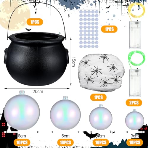 Halloween Bubbling Cauldron Set with 40 Ball Ornaments, Lights, Webs & Spiders - Warm White & Green