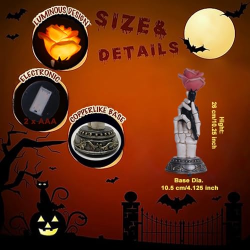 Gothic Halloween Skeleton Hand with LED Rose Statue - Indoor Decor