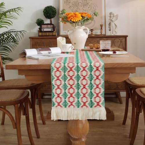 Christmas Boho Table Runner 12x72 Inches - Green Lantern Holiday Decor