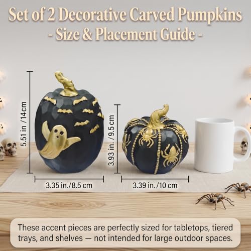 Halloween Pumpkin Decor Set - Black & Gold Resin Pumpkins with Spider Web Ghost Bat E