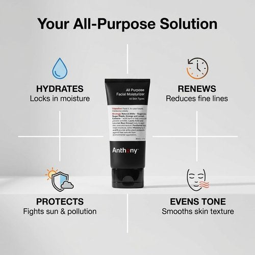 Anthony All-Purpose Facial Moisturizer - Hydrating Lotion for Dry Skin | Lightweight, Non-Comedogenic, Anti-Aging - 3 Fl Oz