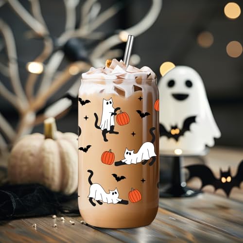 Halloween Ghost Cat Iced Coffee Cup with Lid & Straw - 16oz Spooky Party Mug