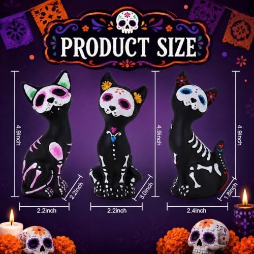 Day of the Dead Skeleton Cat Figurines Set - Halloween Decor, Resin Gothic Statues