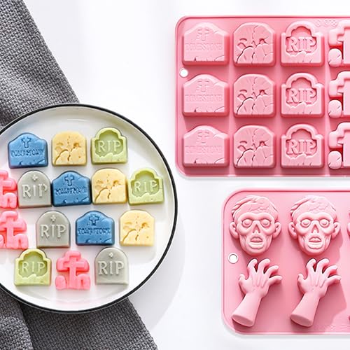 Halloween Silicone Mold Set - Tombstone, Ghost & Zombie Shapes - Pink QY224