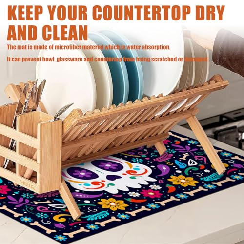 Sugar Skull Dish Drying Mat for Kitchen Counter - Microfiber Absorbent & Reusable