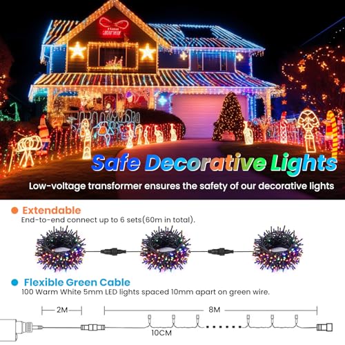 Colorful 32ft LED Christmas Tree Lights - Waterproof Outdoor Fairy String Lights with 8 Modes