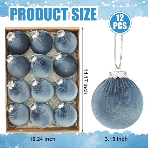 12PCS Velvet Christmas Ornaments Set - Gray Blue Flocked Plastic Holiday Balls