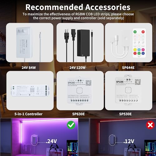PAUTIX RGBW 4000K COB LED Strip Light 24ft - Color Changing & White