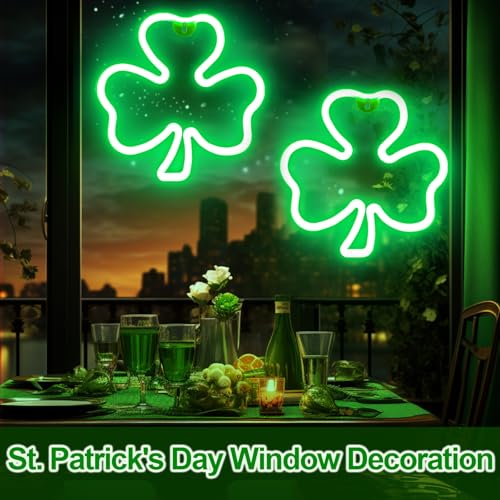 Shamrock Neon Lights - 2 Pack 11 Inch LED Clover Window Decor for St. Patrick's Day - USB Powered, Indoor Outdoor Wall Art (Variation: Shamrock)