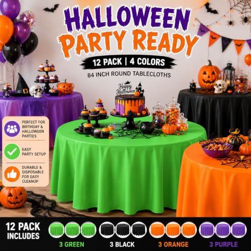 12 Pcs Halloween Plastic Round Tablecloths - Black, Purple, Orange & Green, 84 Inch Disposable Cover Set