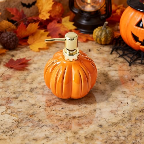 Halloween Pumpkin Soap Dispenser - Orange Ceramic Refillable Liquid Pump Bottle - Fall Decor