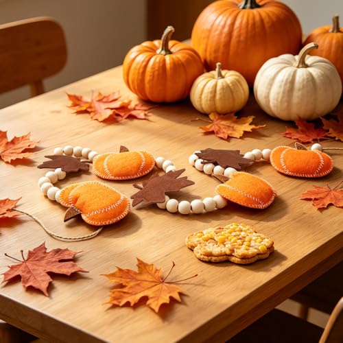Fall Pumpkin Garland with Maple Leaves & Wood Beads - 6.8 ft Autumn Decor - Pumpkin Variation