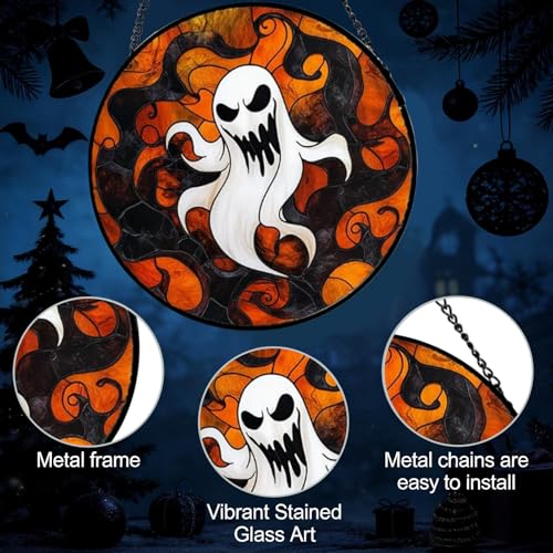 Halloween Pumpkin Vine Ghost Stained Glass Window Hanging - Small 6.3x6.3in