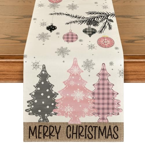 Pine Tree Merry Xmas Table Runner 13x72 Inch - Pink Holiday Decor