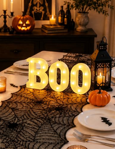 Halloween Decorations Set with Bats, Banner, Tablecloth and Light-Up BOO Sign