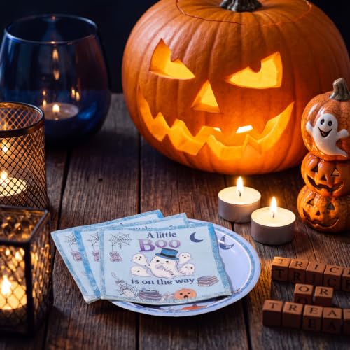 Halloween Paper Plates and Napkins Set - Boo Theme, 100 Pcs Disposable Party Supplies