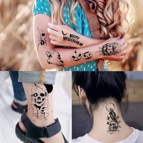 Halloween Temporary Tattoos Skull Design for Kids & Adults - 52 Sheets, Waterproof, 3D Face & Body Stickers, Spooky Face Skull Variation