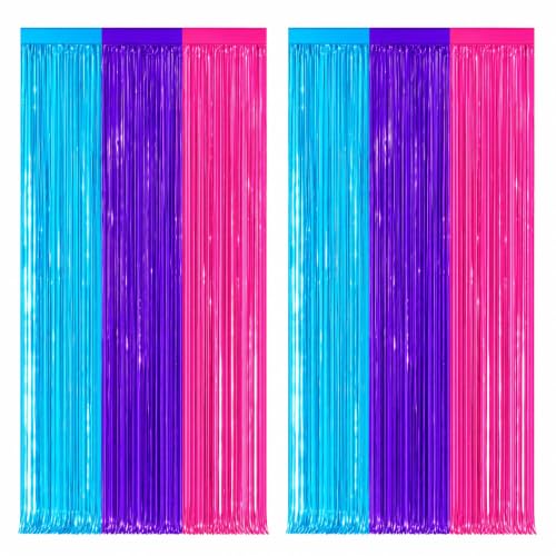 Blue Purple Pink Metallic Foil Fringe Curtains Set - Tinsel Backdrop for Parties
