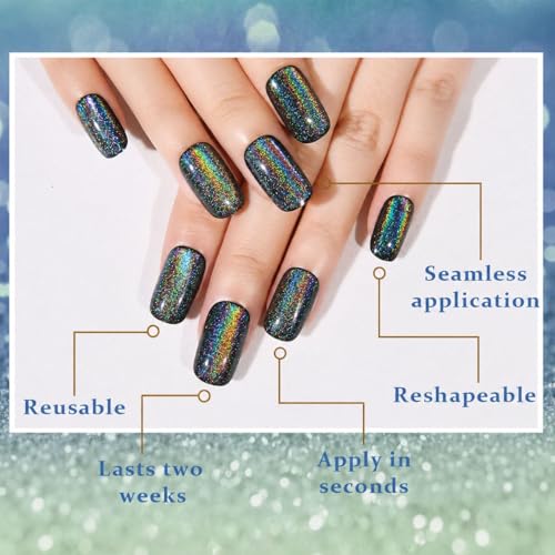 Black Chrome Metallic Cat Eye Press-On Nails Medium Square - 24 Pack, Variation of Medium Square-01 Black Colorful