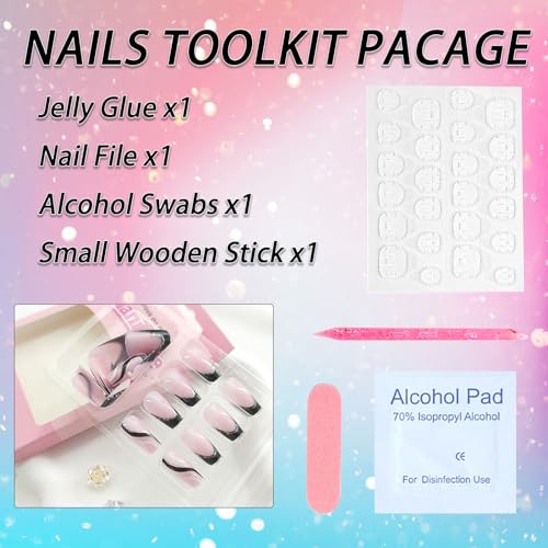 Short Press-On Nails Black White French Tip Set with Silver Glitter - 24Pcs