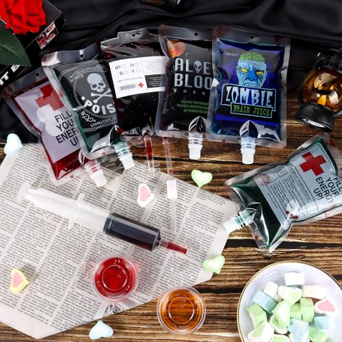 Halloween Blood Bag Drink Set - 50 Reusable 10oz IV Style Party Favors with Syringe & Funnel - Style1