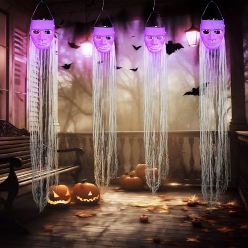 Halloween Hanging Ghost Decorations Set with Purple LED Lights - Outdoor Spooky Ghosts, 4 Pieces