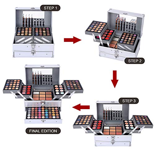 All-in-One Makeup Gift Set Kit Silver - 132 Color Palette with Brushes & Accessories
