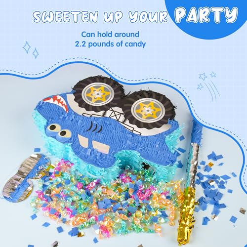 Small Shark Pinata - Blue Black with Blindfold, Bat & Confetti for Birthday Parties - Shark Themed Decor