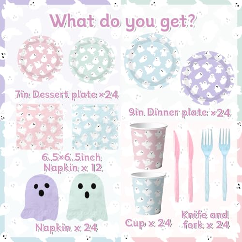 Pastel Halloween Ghost Paper Plates Napkins Cups Set for Parties - 156 pcs