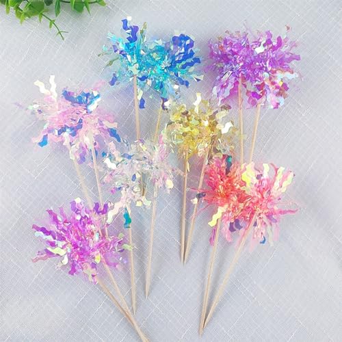 Foil Tinsel Cake Toppers Firework Cupcake Picks - White Pink 40 Pcs